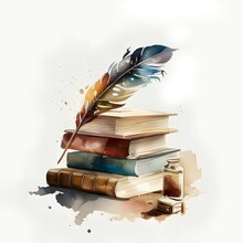 Illustration Of Vintage Book And Feather. Generative AI
