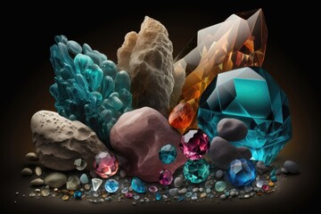 Poster - Various natural gems and crystals in gem cave. Generative AI