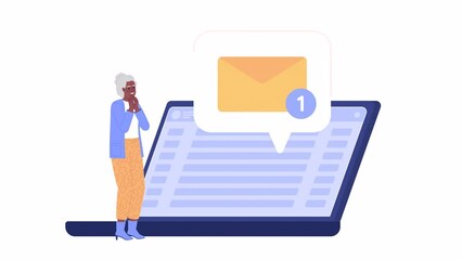 Fototapete - Animated messenger in laptop. Surprised elderly woman getting new email letter. 2D cartoon flat character 4K video footage on white with alpha channel transparency. Concept animation for web design