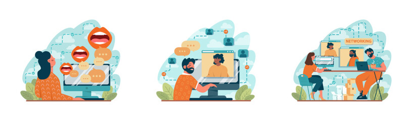 Poster - Networking concept set. Employees collaboration, establishment of
