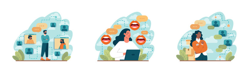 Poster - Networking concept set. Employees collaboration, establishment of