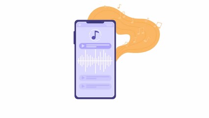 Poster - Animated phone with music player. Listening to music online on smartphone. 2D cartoon flat object 4K video footage on white with alpha channel transparency. Concept animation for web design