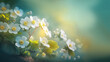 Spring forest white flowers primroses with Blurred blue sky .Floral nature background.  Generative ai.