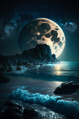 Wall Mural - night view of a large full moon against the background of the milky way and beach with ocean waves. 