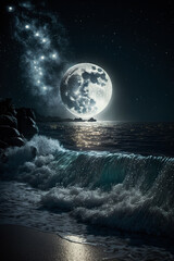 Wall Mural - night view of a large full moon against the background of the milky way and beach with ocean waves. 