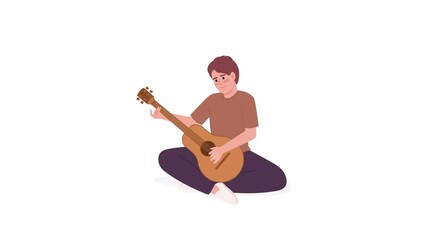 Poster - Animated pleased man playing guitar. Self teaching musical instrument class. Flat character animation on white background with alpha channel transparency. Color cartoon style 4K video footage