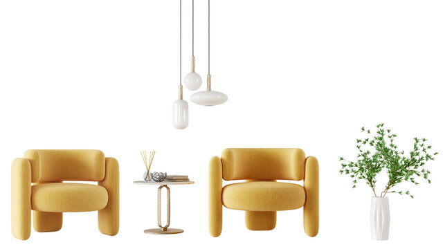 Modern furniture set. Isolated yellow armchairs, coffee table, pendant light and plant in vase. Home decor and accents. Isolated interior objects. 3d rendering