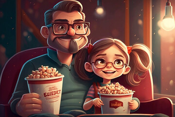 Wall Mural - Cartoon style illustration of a smiling kid girl eat popcorn in the cinema with her smiling dad - AI generative