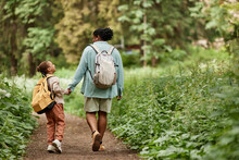 Back View Of Joyful Mother And Daughter Walking On Nature Trail Together Holding Hands, Copy Space