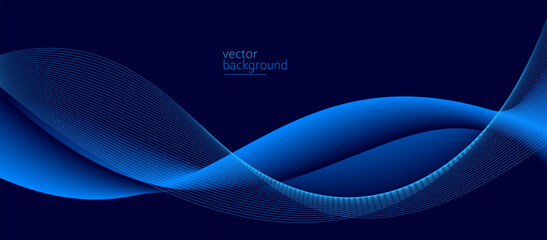 Wall Mural - Smooth flow of wavy shape with gradient vector abstract background, dark blue design curve line energy motion, relaxing music sound or technology.