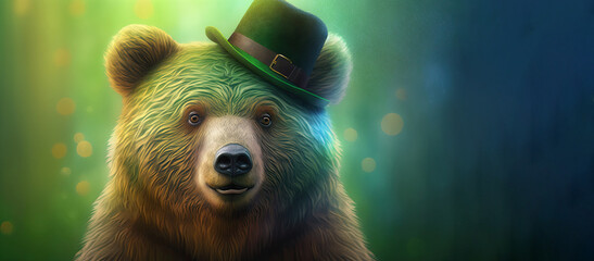 cute bear wearing a green hat celebrating st patrick's day on a blurred background. generative ai