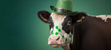 Funny Cow Wearing A Green Cat Celebrating Saint Patrick Day On Blurred Background. Generative AI