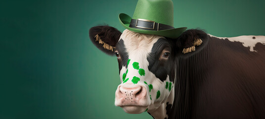 Funny cow wearing a green cat celebrating Saint Patrick Day on blurred background. Generative AI