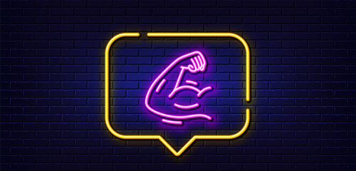 Poster - Neon light speech bubble. Strong arm line icon. Strength muscle sign. Gym fit training symbol. Neon light background. Strong arm glow line. Brick wall banner. Vector