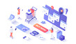 Online shopping, internet retail. Buying payment online. Application service website banking. Online store cart, credit card, megaphone. Isometry illustration with people scene for web graphic.