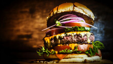 Large Cheeseburger In A Crispy Bun With Sesame. Unhealthy Food In A Composition On A Dark Background. Advertising Banner Illustration For A Restaurant, Bar. Close-up Of A Hearty Lunch. Generative AI.