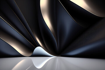 Aufkleber - Beautiful black abstract luxury background with 3D texture of wavy lines with golden elements and smooth podium. AI generated.
