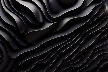 Wall Mural - Beautiful black abstract luxury background with 3D texture of wavy lines with golden edges. AI generated.