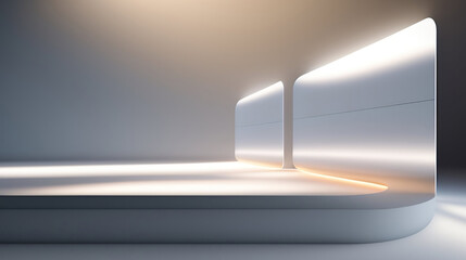 Beautiful futuristic technological light silver podium with light neon panels for product presentation. AI generated.