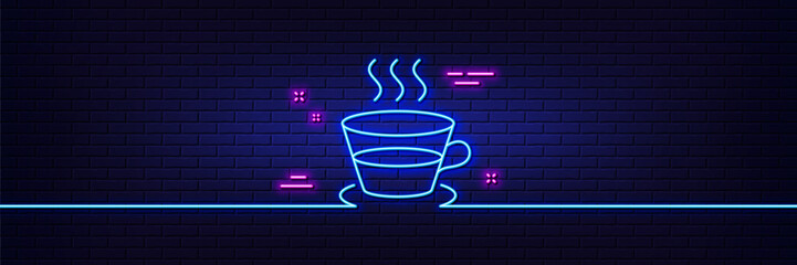 Poster - Neon light glow effect. Coffee and Tea line icon. Hot drink sign. Fresh beverage symbol. 3d line neon glow icon. Brick wall banner. Coffee cup outline. Vector
