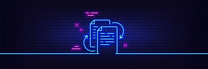 Poster - Neon light glow effect. Documents workflow line icon. Doc file page sign. Bureaucracy symbol. 3d line neon glow icon. Brick wall banner. Bureaucracy outline. Vector