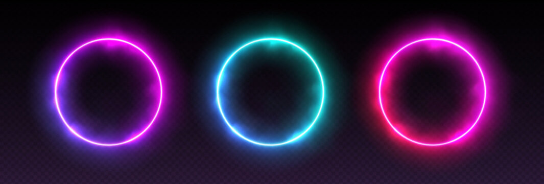 gradient neon circle frames with smoke, led borders with mist effect, transparent glowing haze. avat