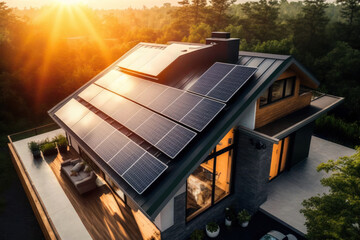 Wall Mural - photovoltaic solar panels in modern house roof. sustainable energy concept. generative ai