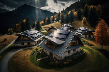 Wall Mural - aerial view of residential houses with photovoltaic solar panels. alternative and renewable energy c