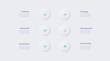 Six neumorphic circles. Concept of 6 options of business development process. Infographic elements