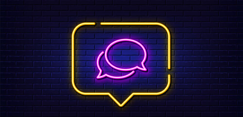 Poster - Neon light speech bubble. Messenger line icon. Speech bubble sign. Chat message symbol. Neon light background. Messenger glow line. Brick wall banner. Vector