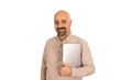 Hugging notebook, portrait of smiling man hugging notebook. Transparent png image win concept idea. Holding modern laptop. Positive caucasian male office worker posing, looking camera. Copy space.