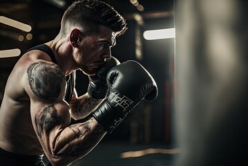 man training boxing at gym. ai generative.
