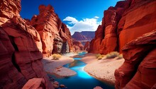 A Canyon Landscape With A River Running Through It, Surrounded By Striking Red Rock Formations. The Canyon Walls Rise Up Steeply On Either Side Of The River, Creating A Narrow And Dramatic Passageway