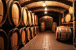wine cellar with barrels in winery. generative AI