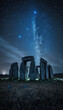 The pleiades star structure above stonehenge, night, landscape. Generative AI.