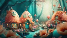 Cute Easter Egg Cottages Valley With View Of A Delightful, Magical And Fairy Tale Atmospheres, AI Generated