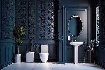 modern bathroom interior design,bathroom with blank dark blue wall. idea for design. ai