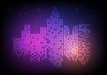 Fototapete - abstract background technology future city
The digital building is illuminated. orange with pink and The stars that shine in the sky On a dark blue gradient background