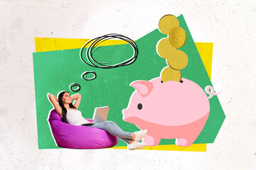 Aufkleber - Creative collage of thoughtful business lady sitting beanbag collect money from trading emoney bitcoin piggy bank isolated on green background