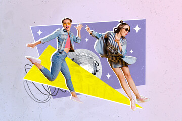 Poster - Composite collage picture of two positive girls jumping dancing good mood disco ball isolated on creative background