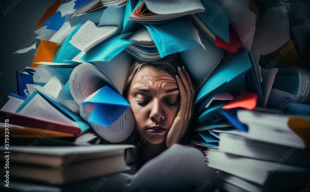 Stressed out Girl drowning in information overload