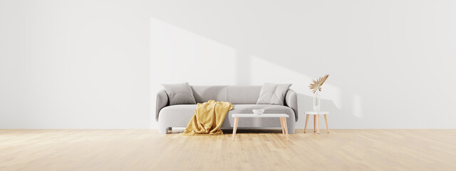 Living room interior wall mock up with gray fabric sofa and table and pillows on white background with free space on left during sunny day. 3d rendering.