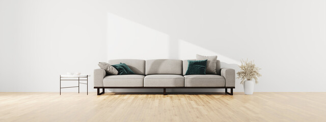 Wall Mural - Living room interior wall mock up with gray fabric sofa and pillows on white background with free space on left during sunny day. 3d rendering.