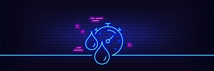 Poster - Neon light glow effect. Paint drying time line icon. Timer with dye drops sign. Dry time symbol. 3d line neon glow icon. Brick wall banner. Timer outline. Vector