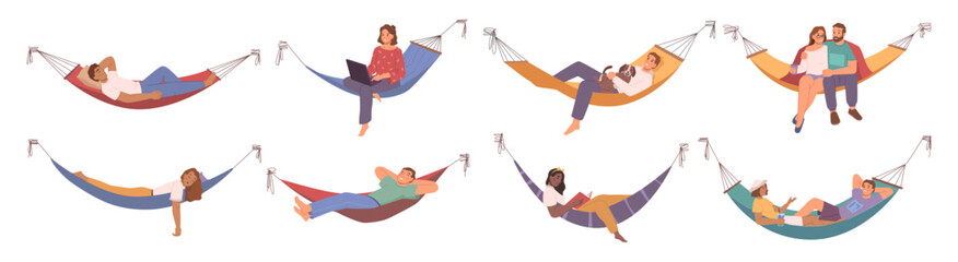 men and women resting in hammocks, people lying and relaxing. isolated personages reading book or wo