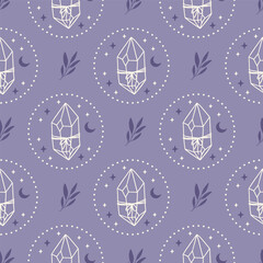 Wall Mural - Mystical vector seamless pattern with celestial crystal, moon. Boho spiritual digital paper. Hand drawn magical illustration. Esoteric print for fabric, textile, cover. 