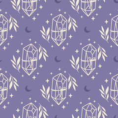 Wall Mural - Mystical vector seamless pattern with celestial crystal, moon. Boho spiritual digital paper. Hand drawn magical illustration. Esoteric print for fabric, textile, cover.