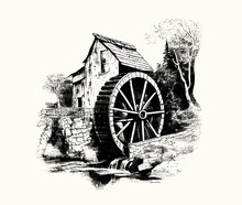 Water Mill. Engraved Drawing. Hand Drawn For Your Design, Drawn In Black Ink On An Isolated Background. Black And White Style. Sketch. Ideal For Postcard, Book, Poster, Banner. Vector Illustration
