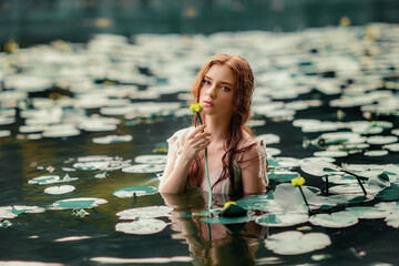 Wall Mural - Beautiful red haired girl in white dress posing in river with water lilies. Fairytale story about  ophelia .Warm art work.