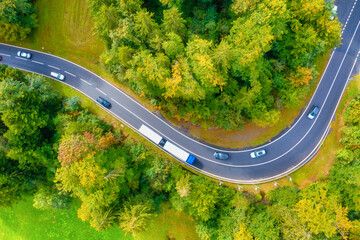 Wall Mural - a road through a green forest. aerial landscape. summer landscape from the air in switzerland. fores